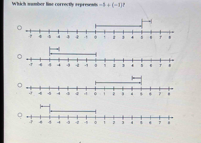 Which number line correctly represents -5+(-1) ?