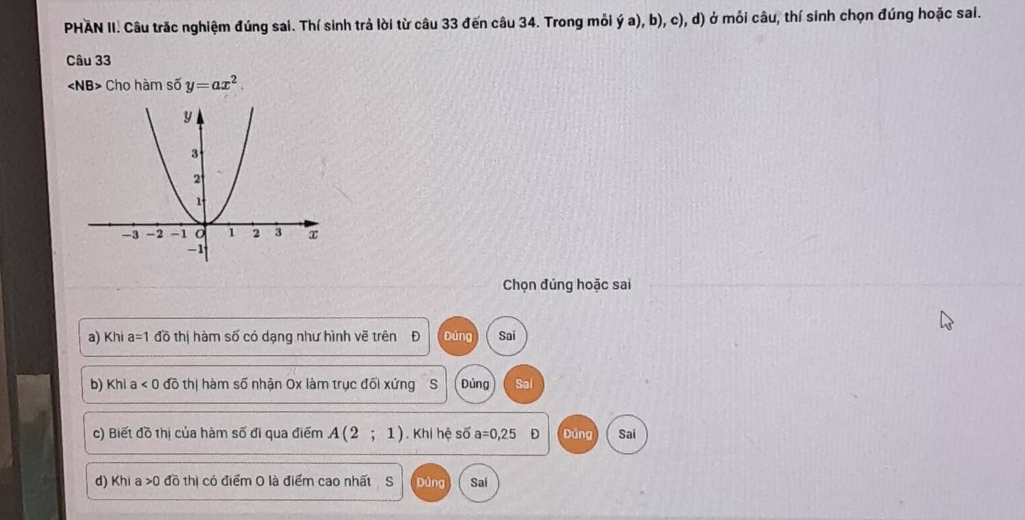 PHÄN II. Câu trắc nghiệm đúng sai. Thí sinh trả lời từ câu 33 đến câu 34. Trong mỗi ý a), b), c), d) ở mỗi câu, thí sinh chọn đúng hoặc sai.
Câu 33
∠ NB> Cho hàm số y=ax^2
Chọn đúng hoặc sai
a) Khi a=1d'hat O th i hàm số có dạng như hình vẽ trên Đ Đúng Sai
b) Khi a<0</tex> đô thị hàm số nhận Ox làm trục đối xứng S Đúng Sai
c) Biết đồ thị của hàm số đi qua điểm A(2;1). Khi hệ số a=0,2.5 D Đúng Sai
d) Khi a>0 đồ thị có điểm O là điểm cao nhất S Dứng Sai