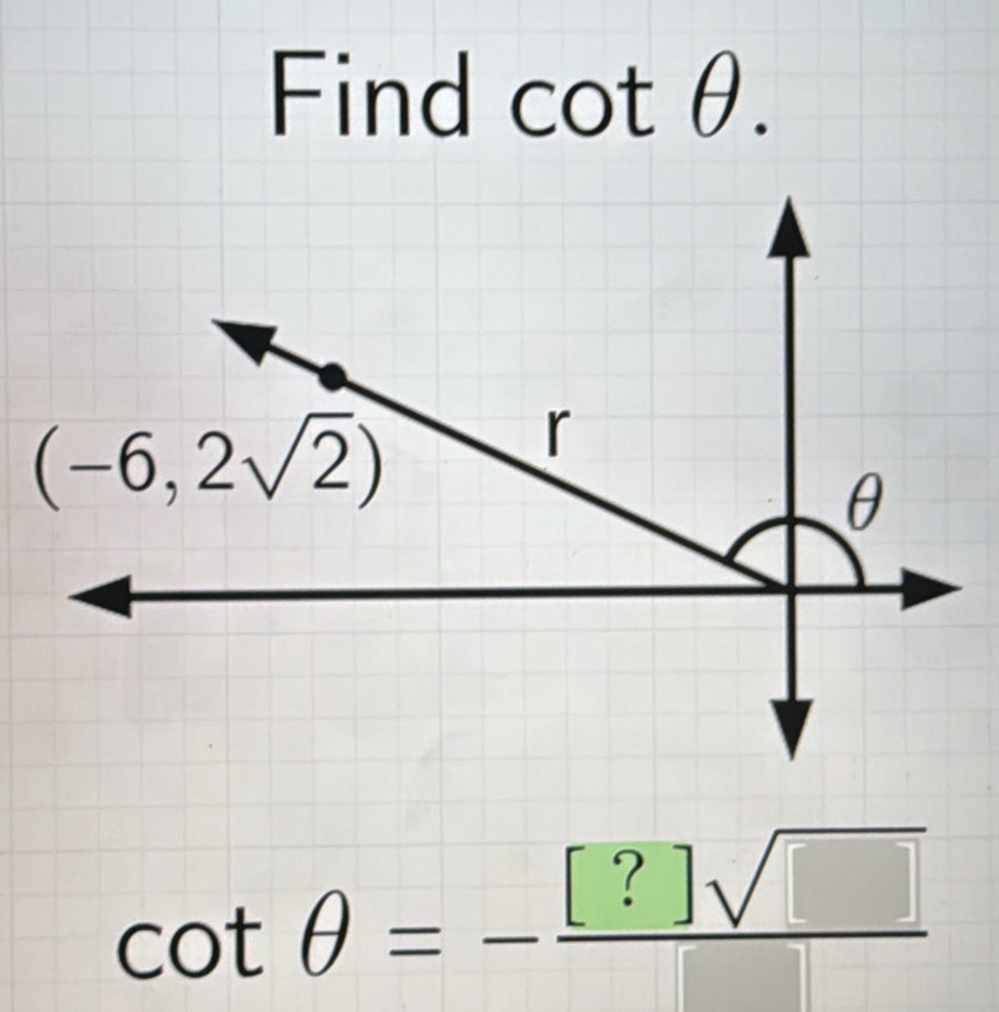 Find cotθ.
cot θ =- [?]sqrt(□ )/□  