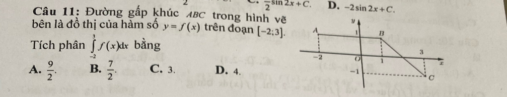 frac 2^((sin 2x+C.) D. -2sin 2x+C. 
Câu 11: Đường gấp khúc ABC trong hình vẽ
bên là đồ thị của hàm số y=f(x) trên đoạn [-2;3]. 
Tích phân ∈tlimits _(-2)^3f(x)dx bằng
A. frac 9)2. B.  7/2 . C. 3. D. 4.