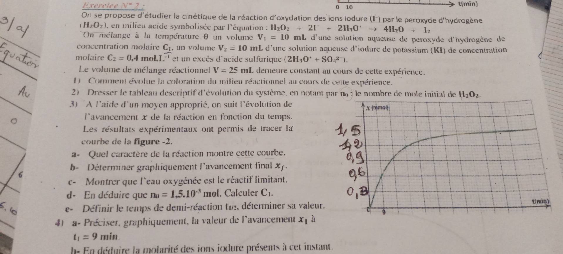 Exercice N°. 2 : 0 10 t(min)
On se propose d'étudier la cinétique de la réaction d'oxydation des ions iodure (I) par le peroxyde d'hydrogène
(H_2O_2) en milieu acide symbolisée par l'équation : H_2O_2+2I^-+2H_3O^+to 4H_2O+I_2
On mélange à la température θ un volume V_1=10mL a d'une solution aqueuse de peroxyde d'hydrogène de
con centration mola , un volume V_2=10mL d’une solution aqueuse d'iodure de potassium (KI) de concentration
molaire C_2=0.4 m limlimits _0C_2 0LL^-frac C_1L^(-1) et un excès d'acide sulfurique (2H_3O^++SO_4^((2-)).
Le volume de mélange réactionnel V=25mL demeure constant au cours de cette expérience.
1) Comment évolue la coloration du milieu réactionnel au cours de cette expérience.
2) Dresser le tableau descriptif d'évolution du système, en notant par n« : le nombre de mole initial de H_2)O_2.
3) A l'aide d'un moyen approprié, on suit l'évolution de
lavancement x de la réaction en fonction du temps.
Les résultats expérimentaux ont permis de tracer la
courbe de la figure -2.
a- Quel caractère de la réaction montre cette courbe.
b- Déterminer graphiquement l'avancement final xy.
6
c- Montrer que l'eau oxygénée est le réactif limitant.
d- En déduire que n_0=1,5.10^(-3)mol. Calculer C1.
e- Définir le temps de demi-réaction t1, déterminer sa valeur.
4) a- Préciser, graphiquement, la valeur de l'avancement x_1 à
t_1=9min.
h- En déduire la molarité des ions iodure présents à cet instant.