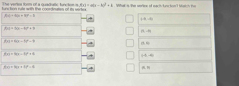 The vertex form of a quadratic function is f(x)=a(x-h)^2+k. What is the vertex of each function? Match the
function rule with the coordinates of its vertex.
f(x)=6(x+9)^2-5
(-9,-5)
f(x)=5(x-6)^2+9
(5,-9)
f(x)=6(x-5)^2-9
(5,6)
f(x)=9(x-5)^2+6
(-5,-6)
f(x)=9(x+5)^2-6
(6,9)