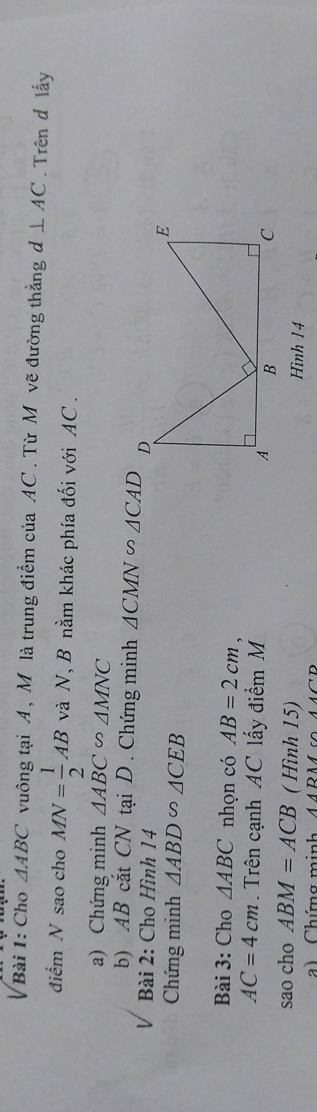 Cho △ ABC vuông tại A , M là trung điểm của AC. Từ M vẽ đường thắng d⊥ AC. Trên d lấy 
điểm N sao cho MN= 1/2 AB và N, B nằm khác phía đối với AC. 
a) Chứng minh △ ABC∽ △ MNC
b) AB cắt CN tại D. Chứng minh △ CMNsim △ CAD
Bài 2: Cho Hình 14 
Chứng minh △ ABD∽ △ CEB
Bài 3: Cho △ ABC nhọn có AB=2cm,
AC=4cm. Trên cạnh AC lấy điểm M
sao cho ABM=ACB ( Hình 15) 
Hình 14 
a) Chứng minh AAD1