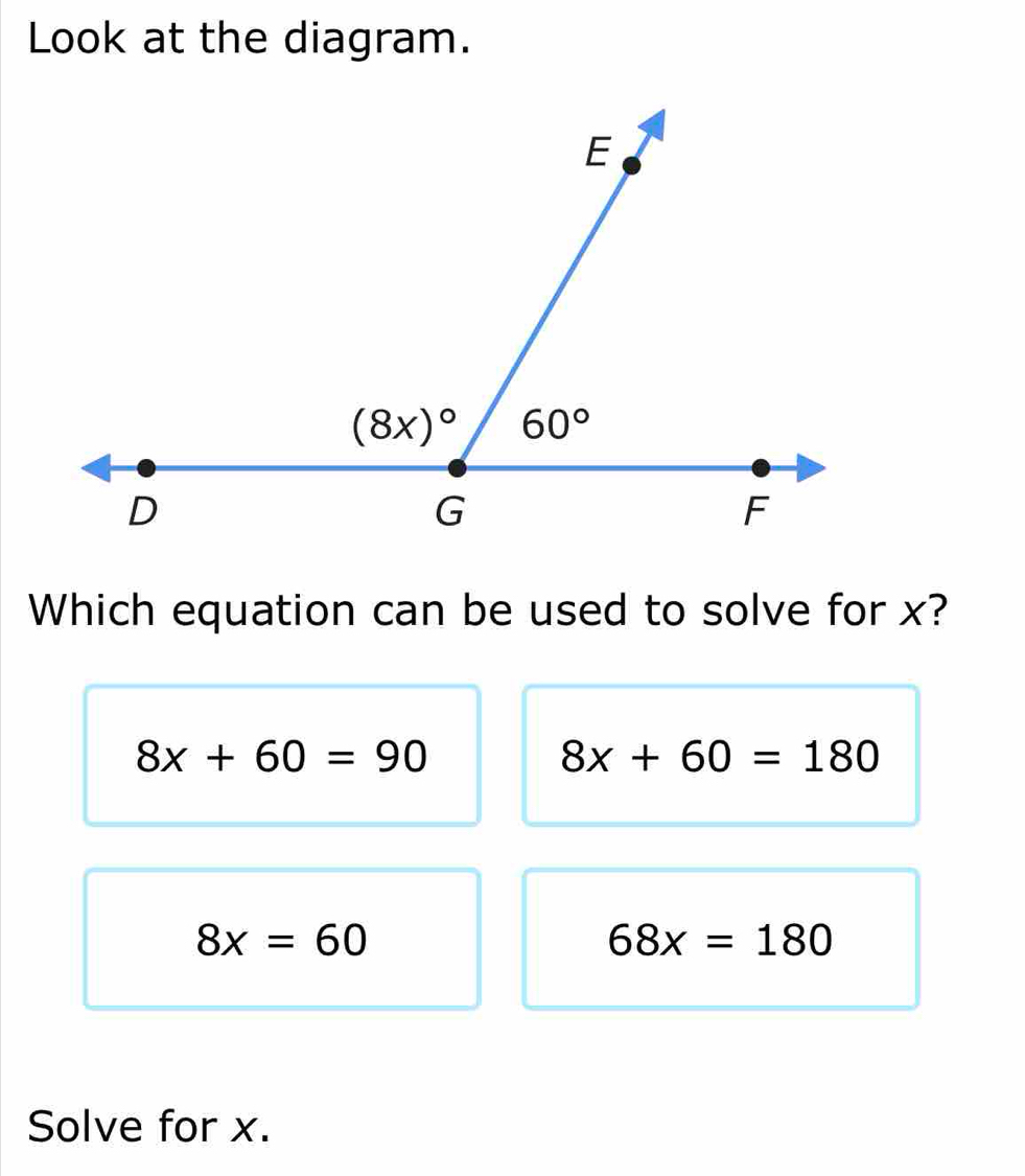 Look at the diagram.
Which equation can be used to solve for x?
8x+60=90
8x+60=180
8x=60
68x=180
Solve for x.