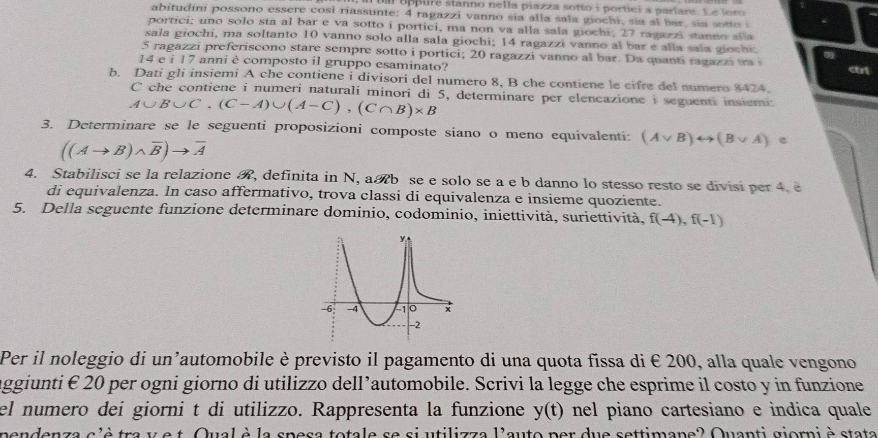 oppure stanno nella piazza sotto i portici a parlare. Le loro
abitudini possono essere così riassunte: 4 ragazzi vanno sia alla sala giochi, sia al bar, sia sotto 
portici: uno solo sta al bar e va sotto i portici, ma non va alla sala giochi, 27 ragazzi stanno alla
sala giochi, ma soltanto 10 vanno solo alla sala giochi; 14 ragazzi vanno al bar e alla sala giochi.
5 ragazzi preferiscono stare sempre sotto i portici; 20 ragazzi vanno al bar. Da quanti ragaza a 
14 e i 17 anni è composto il gruppo esaminato?
ctrl
b. Dati gli insiemi A che contiene i divisori del numero 8, B che contiene le cifre del numero 8424.
C che contiene i numeri naturali minori di 5, determinare per elencazione i seguenti insiem.
A∪ B∪ C,(C-A)∪ (A-C),(C∩ B)* B
3. Determinare se le seguenti proposizioni composte siano o meno equivalenti: (Avee B)rightarrow (Bvee A)e
((Ato B)wedge overline B)to overline A
4. Stabilisci se la relazione R, definita in N, aRb se e solo se a e b danno lo stesso resto se divisi per 4. è
di equivalenza. In caso affermativo, trova classi di equivalenza e insieme quoziente.
5. Della seguente funzione determinare dominio, codominio, iniettività, suriettività, f(-4),f(-1)
-6 -4 10 ×
-2
Per il noleggio di un'automobile è previsto il pagamento di una quota fissa di € 200, alla quale vengono
aggiunti€ 20 per ogni giorno di utilizzo dell’automobile. Scrivi la legge che esprime il costo y in funzione
el numero dei giorni t di utilizzo. Rappresenta la funzione y(t) nel piano cartesiano e indica quale
Qual è la spesa totale se si utilizza l'auto per due settimane? Quanti giorni è stata