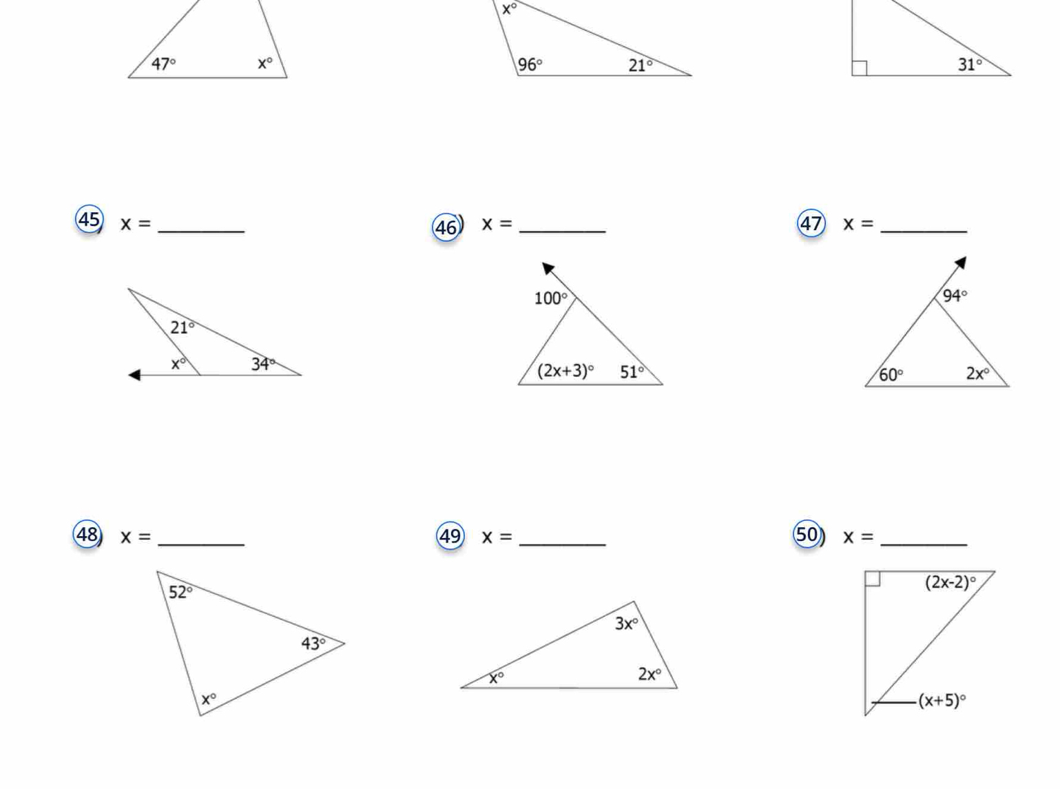 ④⑤ x= _ x= _ 47 x= _
46
48 x= _④9 x= _ 50) x= _