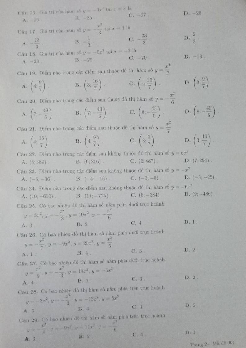 Cầu 16. Giá trị của hàm số y=-3x^2 t ai x=3 là D. -28 .
A. - 20 B. -35
C. -27 .
Câu 17. Giá trị của hàm số y=- x^2/3  tại x=1 
C.
A. - 13/3  B. - 1/3 . - 28/3 . D.  2/3 
Câu 18. Giá trị của hàm số y=-5x^2 tai x=-2 là
A. -23 B. -26 C. -20.
D. -18 .
Câu 19. Điểm não trong các điểm sau thuộc đồ thị hàm số y= x^2/7 
A. (4, 9/7 ). B. (3, 16/7 ). C. (4; 16/7 ). D. (3; 9/7 ).
Câu 20. Diểm nào trong các điểm sau thuộc đồ thị hàm số y=- x^2/6 
A. (7;- 49/6 ). B. (7;- 43/6 ) C. (8;- 43/6 ). D. (8;- 49/6 ).
Cầu 21. Điểm nào trong các điểm sau thuộc đồ thị hàm số y= x^2/7 
A. (4; 16/7 ) B. (4; 9/7 ). C. (3; 9/7 ) D. (3; 16/7 )
Câu 22. Diểm nào trong các điểm sau không thuộc đồ thị hàm số y=6x^2
A. (8;384). B. (6;216). C. (9;487). D. (7;294).
Câu 23. Điểm nào trong các điểm sau không thuộc đồ thị hàm số y=-x^2
A. (-6;-36). B. (-4;-16). C. (-3;-8). D. (-5;-25)
Câu 24. Điểm nào trong các điểm sau không thuộc đồ thị hàm số y=-6x^2
A. (10;-600). B. (11;-725). C. (8;-384). D. (9;-486).
Câu 25. Có bao nhiêu đồ thị hàm số nằm phía dưới trục hoành
y=3x^2,y=- x^2/3 ,y=10x^2.y=- x^2/6 
C. 4 .
A. 3 . B. 2 . D. 1 .
Câu 26. Có bao nhiều đồ thị hàm số nằm phía dưới trục hoành
y=- x^2/7 ,y=-9x^2,y=20x^2,y= x^2/5 
A. 1 B. 4 . C. 3 D. 2.
Cău 27. Có bao nhiều đồ thị hàm số nằm phía dưới trục hoành
y= x^2/9 ,y=- x^2/3 ,y=18x^2,y=-5x^2
C. 3 .
A. 4 . B. 1 D. 2 .
Câu 28. Có bao nhiệu đồ thị hàm số nằm phía trên trục hoành
y=-3x^2,y=- x^2/3 ,y=-13x^2,y=5x^2
A 3 B. 4 . C. 1 D. 2
Câu 29, Có bao nhiều đô thị hàm số năm phía trên trục hoành
y=- x^2/8 ,y=-9x^2,y=11x^2,y=- x^2/6 
A. 3 B. 2
C. 4 D. 1
Trang 2-Ma dé 001