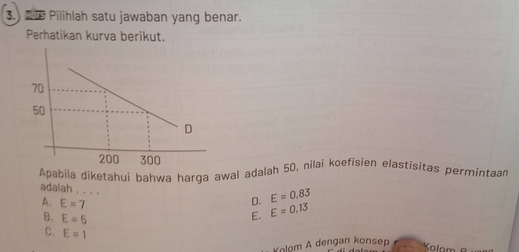 Ts Pilihlah satu jawaban yang benar.
Perhatikan kurva berikut.
Apabila diketahui bahwa harga awal adalah 50, nilai koefisien elastisitas permintaan
adalah , , , ,
A. E=7 D. E=0,83
B. E=5 E. E=0,13
C. E=1
Kolom R