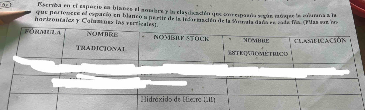 lfur) Escriba en el espacio en blanco el nombre y la clasificación que corresponda según indique la columna a la 
que pertenece el espacio en blanco a partir de la información de la fórmula dada en cada fila. (Filas son las 
horizontales y Columnas las ver 
Hidróxido de Hierro (III)