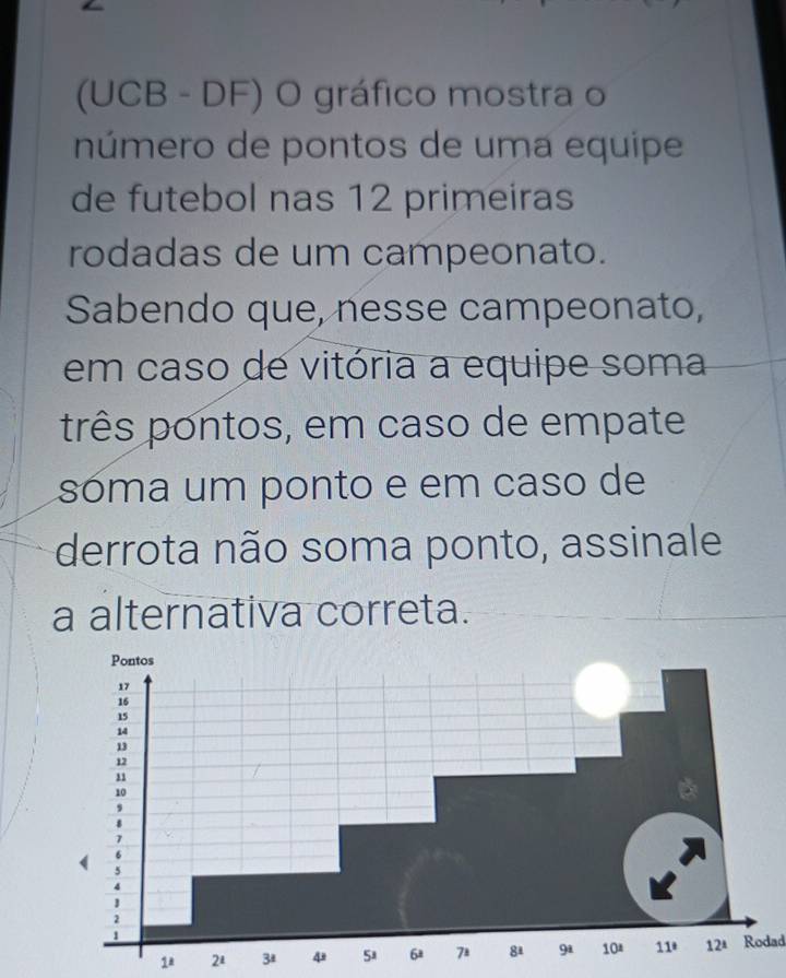 (UCB - DF) O gráfico mostra o 
número de pontos de uma equipe 
de futebol nas 12 primeiras 
rodadas de um campeonato. 
Sabendo que, nesse campeonato, 
em caso de vitória a equipe soma 
três pontos, em caso de empate 
sóma um ponto e em caso de 
derrota não soma ponto, assinale 
a alternativa correta. 
Rodad 
1 2ª