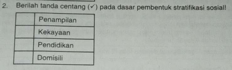 Berilah tanda centang (✓) pada dasar pembentuk stratifikasi sosial!