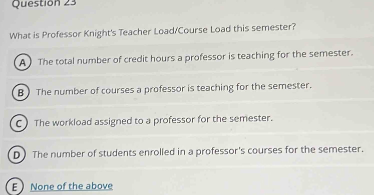 What is Professor Knight's Teacher Load/Course Load this semester?
A) The total number of credit hours a professor is teaching for the semester.
B  The number of courses a professor is teaching for the semester.
C) The workload assigned to a professor for the semester.
D The number of students enrolled in a professor's courses for the semester.
E  None of the above