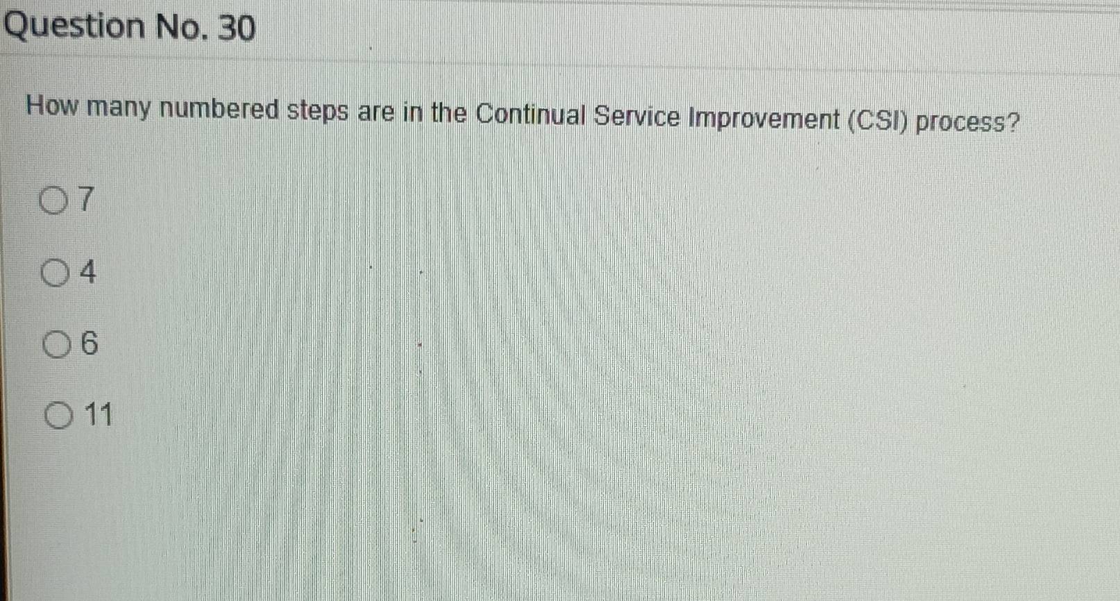 Question No. 30
How many numbered steps are in the Continual Service Improvement (CSI) process?
7
4
6
11