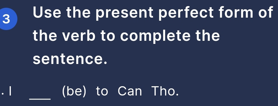 Use the present perfect form of 
the verb to complete the 
sentence. 
_ 
. | (be) to Can Tho.