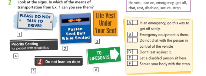 Look at the signs. In which of the means of life vest, lean on, emergency, get off,
transportation from Ex. 1 can you see them? chat, rest, disabled, secure, strap
PLEASE DO NOT Life Vest
TALK TO . Under A In an emergency, go this way to
DRIVER
Fasten get off safely.
1 Seat Belt Your Seat B Emergency equipment is there.
While Seated Do not chat with the person in
3 C
Priority Seating
for people with disabilities 2 control of the vehicle
TO D Don't rest against it.
4
LIFEBOATS E Let a disabled person sit here
Do not lean on door Secure your body with the strap.
F
5
6