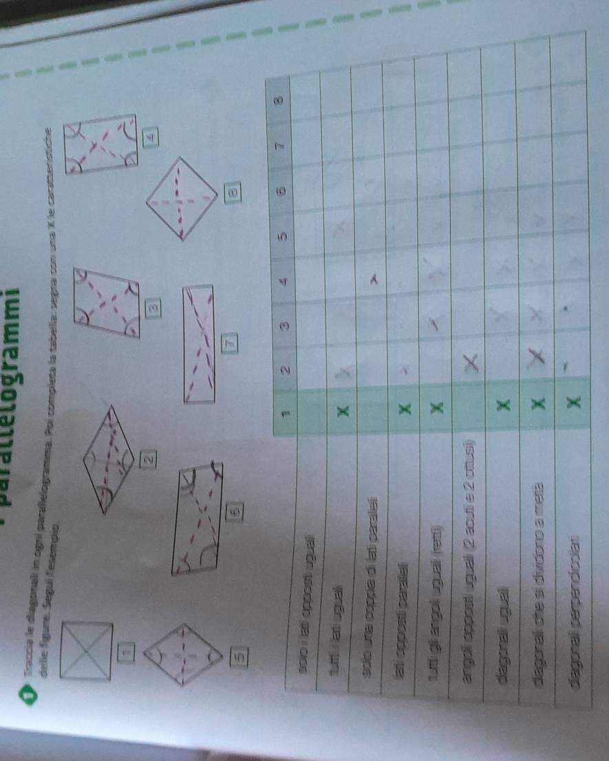 paralle logrammi 
Traccia le diagonali in ogní parallelogramna. Poi completa la tabella: segna con una X le caratterístiche 
delle fígure. Seguí fesempio,
7
2 
: 
1
5
B
7
8