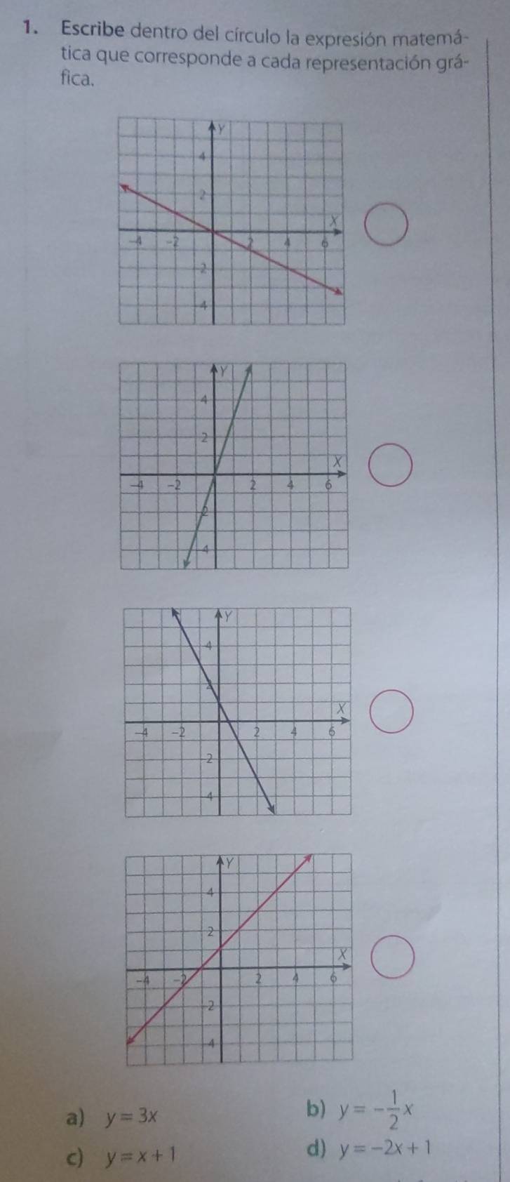 Escribe dentro del círculo la expresión matemá-
tica que corresponde a cada representación grá-
fica.
a) y=3x
b) y=- 1/2 x
c) y=x+1
d) y=-2x+1