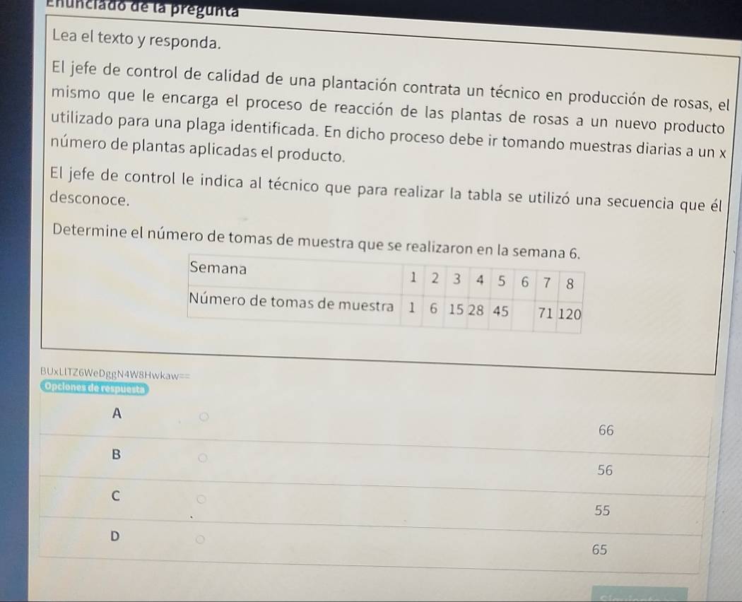 Enunciado de la pregunta
Lea el texto y responda.
El jefe de control de calidad de una plantación contrata un técnico en producción de rosas, el
mismo que le encarga el proceso de reacción de las plantas de rosas a un nuevo producto
utilizado para una plaga identificada. En dicho proceso debe ir tomando muestras diarias a un x
número de plantas aplicadas el producto.
El jefe de control le indica al técnico que para realizar la tabla se utilizó una secuencia que él
desconoce.
Determine el número de tomas de muestra que se realizaron en la
BUxLlTZ6WeDggN4W8Hwkaw==
Opciones de respuesta
A
66
B
56
C
55
D
65