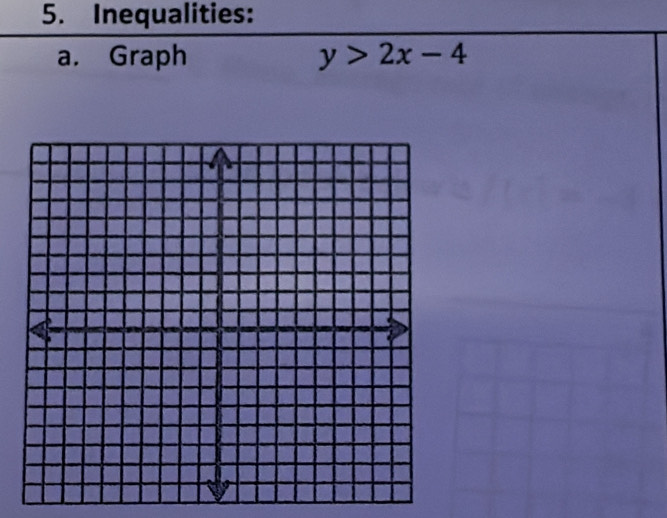 Inequalities: 
a. Graph y>2x-4