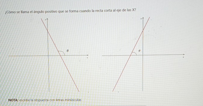 ¿Cómo se llama el ángulo positivo que se forma cuando la recta corta al eje de las X? 
NOTA: escribe la respuesta con letras minúsculas