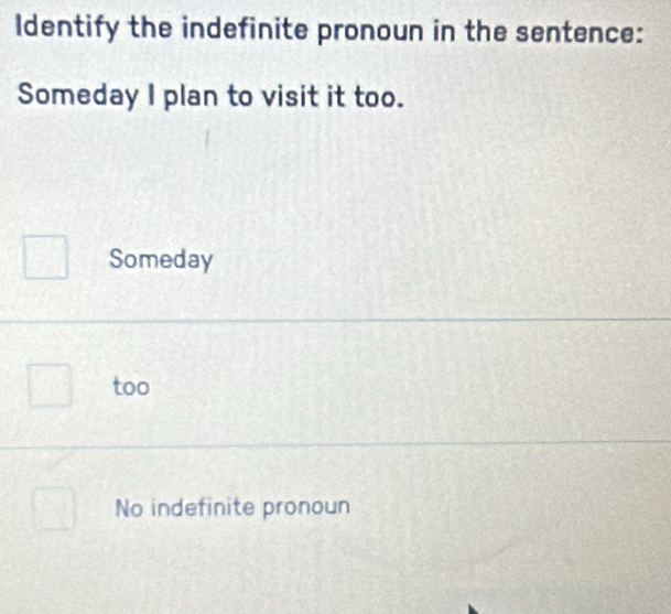 Identify the indefinite pronoun in the sentence:
Someday I plan to visit it too.
Someday
too
No indefinite pronoun