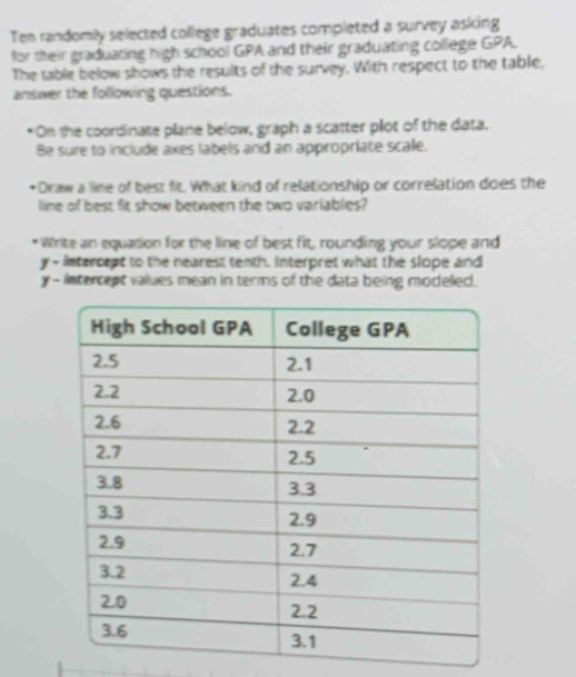 Ten randomly selected college graduates completed a survey asking 
for their graduating high school GPA and their graduating college GPA. 
The table below shows the results of the survey. With respect to the table, 
answer the following questions. 
On the coordinate plane below, graph a scatter plot of the data. 
Be sure to include axes labels and an appropriate scale. 
Draw a line of best fit. What kind of relationship or correlation does the 
lline of best fit show between the two variables? 
* Write an equation for the line of best fit, rounding your slope and
y - intercept to the nearest tenth. Interpret what the slope and
y - intercept values mean in terms of the data being modeled.