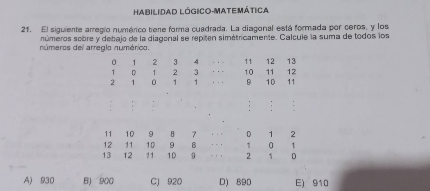 HABILIDAD LÓGICO-MATEMÁTICA
21. El siguiente arreglo numérico tiene forma cuadrada. La diagonal está formada por ceros, y los
números sobre y debajo de la diagonal se repiten simétricamente. Calcule la suma de todos los
números del arreglo numérico.
A) 930 B) 900 C) 920 D) 890 E) 910