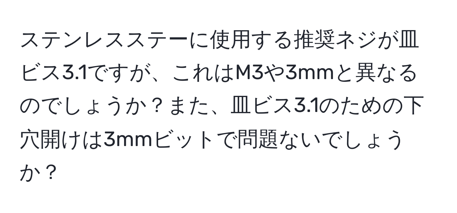 ステンレスステーに使用する推奨ネジが皿ビス3.1ですが、これはM3や3mmと異なるのでしょうか？また、皿ビス3.1のための下穴開けは3mmビットで問題ないでしょうか？