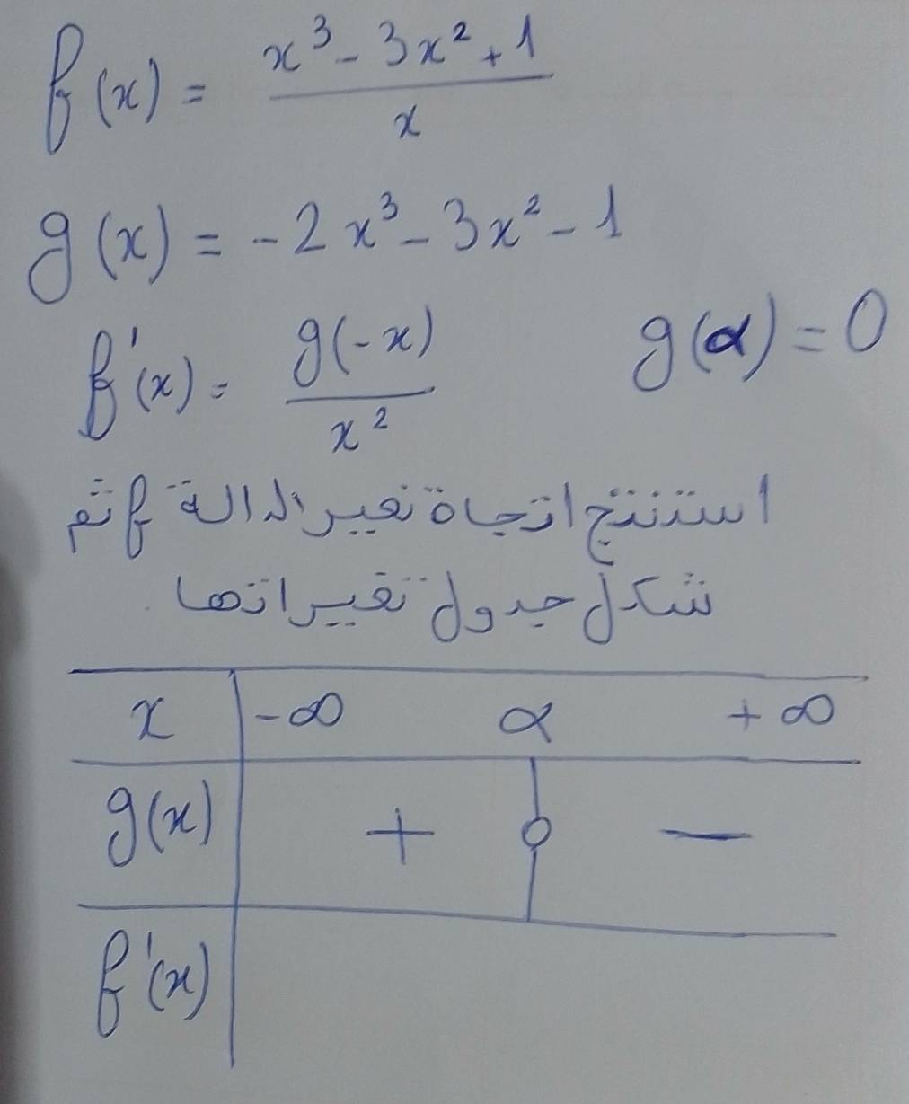 f(x)= (x^3-3x^2+1)/x 
g(x)=-2x^3-3x^2-1
f'(x)= (g(-x))/x^2 
g(alpha )=0
Bao(=
looledodù