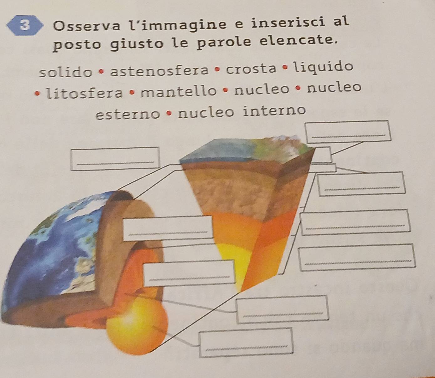 3> Osserva l’immagine e inserisci al 
posto giusto le parole elencate. 
solido • astenosfera • crosta • liquido 
litosfera • mantello • nucleo • nucleo 
esterno • nucleo interno