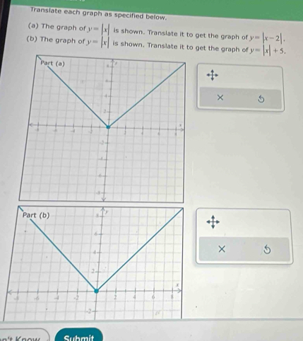 Translate each graph as specified below. 
(a) The graph of y=|x| is shown. Translate it to get the graph of y=|x-2|. 
(b) The graph of y=|x| is shown. Translate it to get the graph of y=|x|+5. 
× 5 
× 
Submit