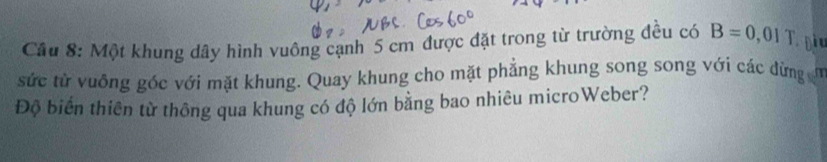 Cầu 8: Một khung dây hình vuông cạnh 5 cm được đặt trong từ trường đều có B=0,01T Diu 
sức từ vuông góc với mặt khung. Quay khung cho mặt phẳng khung song song với các dừng 
Độ biển thiên từ thông qua khung có độ lớn bằng bao nhiêu microWeber?