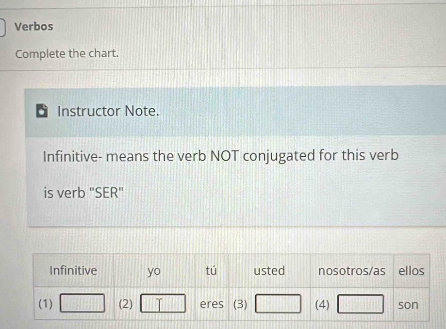 Verbos
Complete the chart.
Instructor Note.
Infinitive- means the verb NOT conjugated for this verb
is verb "SER"