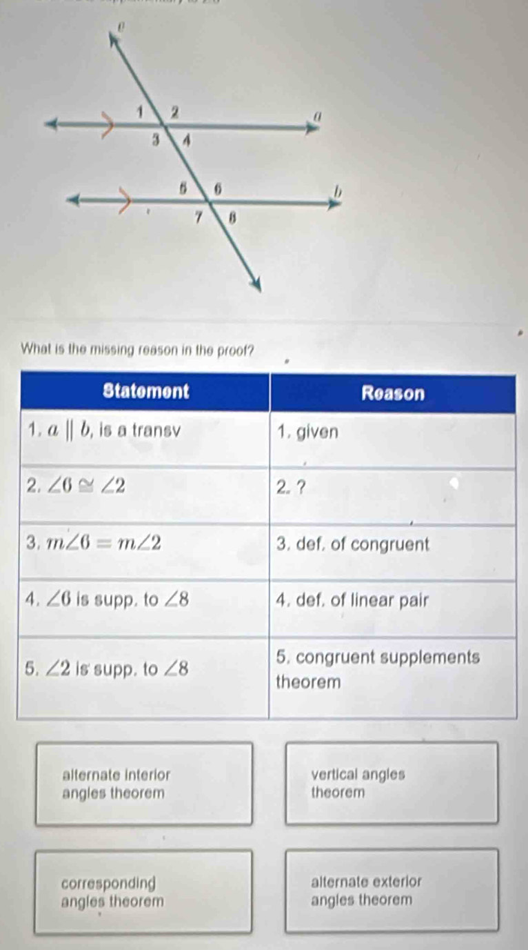 What is the missing reason in the proof?
Statement Reason
1. abeginvmatrix endvmatrix b , is a transv 1. given
2. ∠ 6≌ ∠ 2 2. ?
3. m∠ 6=m∠ 2 3. def. of congruent
4. ∠ 6 is supp. to ∠ 8 4. def. of linear pair
5. ∠ 2 is supp. to ∠ 8
5. congruent supplements
theorem
alternate interior vertical angles
angles theorem theorem
corresponding alternate exterior
angles theorem angles theorem