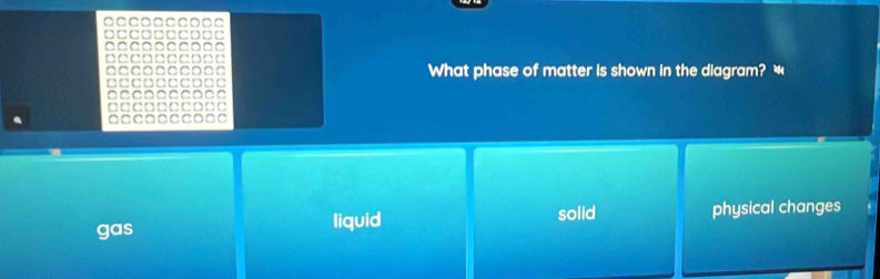 ○ □ □□ □ □ □○ □ □
are What phase of matter is shown in the diagram? `
gas liquid solid physical changes