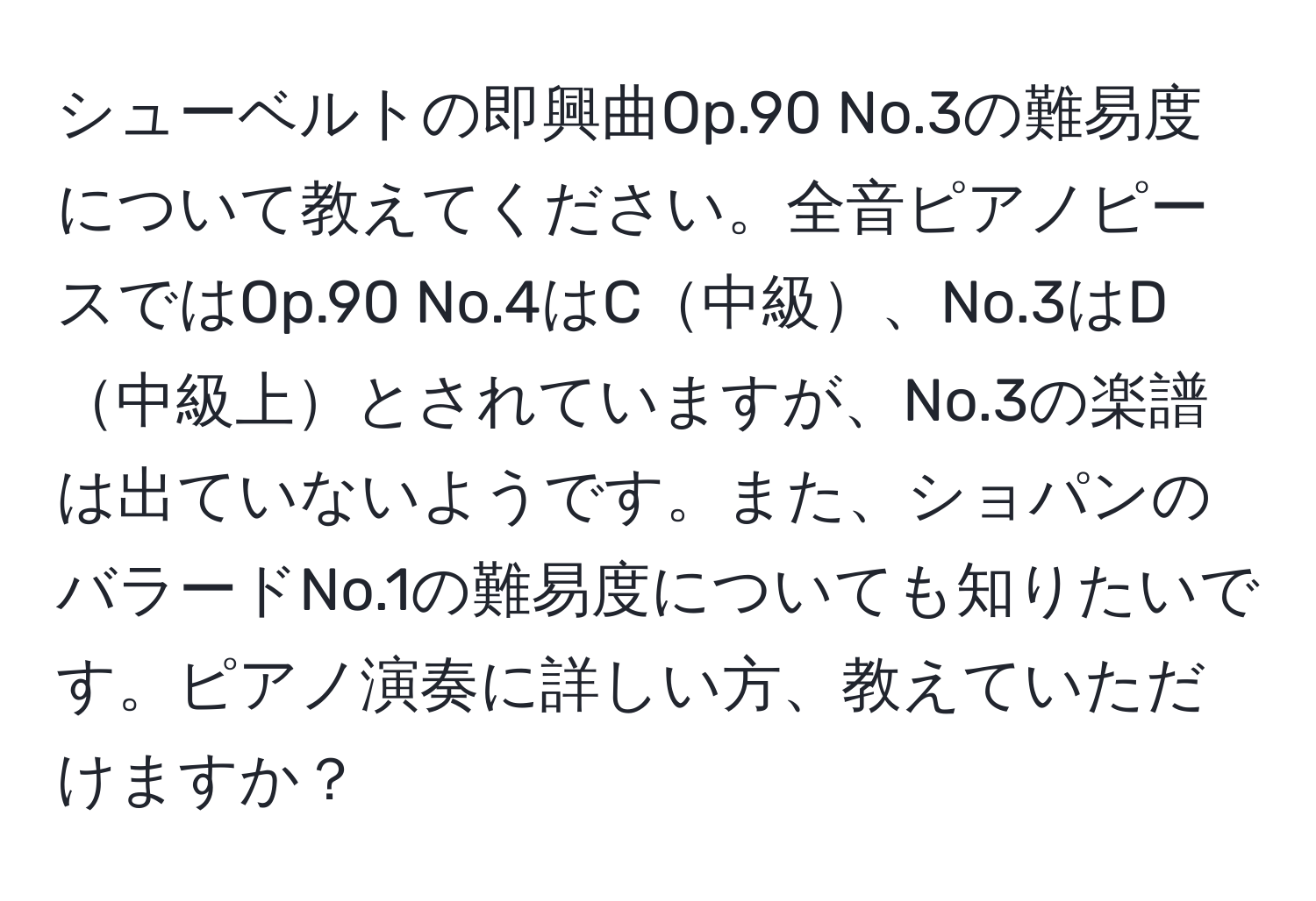 シューベルトの即興曲Op.90 No.3の難易度について教えてください。全音ピアノピースではOp.90 No.4はC中級、No.3はD中級上とされていますが、No.3の楽譜は出ていないようです。また、ショパンのバラードNo.1の難易度についても知りたいです。ピアノ演奏に詳しい方、教えていただけますか？