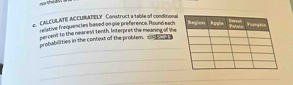 northeäst an 
_ 
c. CALCULATE ACCURATELY Construct a table of conditional 
relative frequencies based on pie preference. Round each 
percent to the nearest tenth. Interpret the meaning of the 
_ 
probabilities in the context of the problem. tSMP 6 
_ 
_ 
_