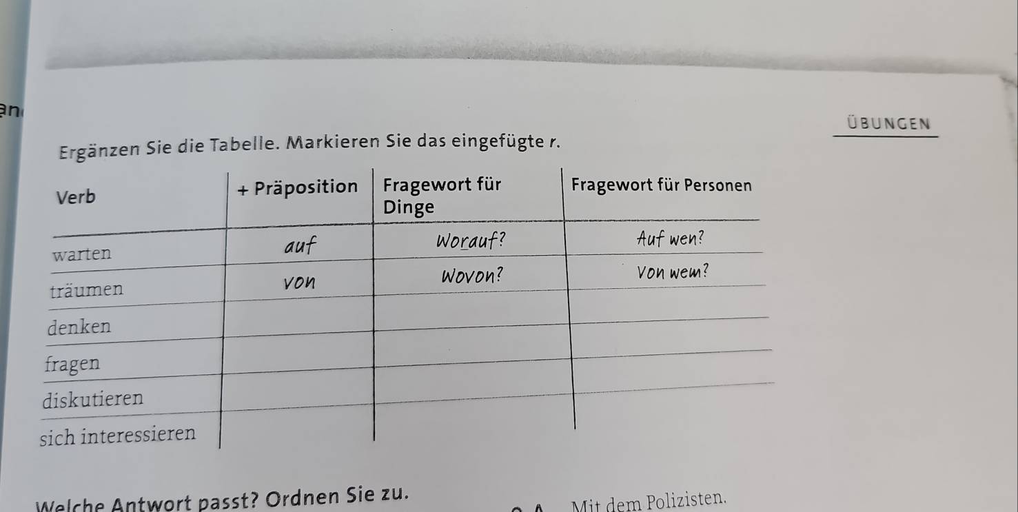 an 
übungen 
Ergänzen Sie die Tabelle. Markieren Sie das eingefügte r. 
Welche Antwort passt? Ordnen Sie zu. 
Mit dem Polizisten.