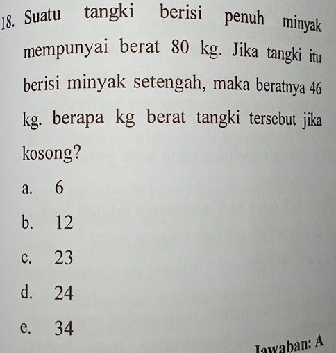 Suatu tangki berisi penuh minyak
mempunyai berat 80 kg. Jika tangki itu
berisi minyak setengah, maka beratnya 46
kg. berapa kg berat tangki tersebut jika
kosong?
a. 6
b. 12
c. 23
d. 24
e. 34
Jawaban: A