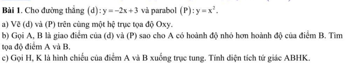 Cho đường thắng (d): y=-2x+3 và parabol (P): y=x^2. 
a) Vẽ (d) và (P) trên cùng một hệ trục tọa độ Oxy.
b) Gọi A, B là giao điểm của (d) và (P) sao cho A có hoành độ nhỏ hơn hoành độ của điểm B. Tìm
tọa độ điểm A và B.
c) Gọi H, K là hình chiếu của điểm A và B xuống trục tung. Tính diện tích tứ giác ABHK.