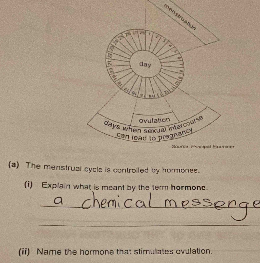 er 
(a) The menstrual cycle is controlled by hormones. 
(i) Explain what is meant by the term hormone. 
_ 
_ 
(ii) Name the hormone that stimulates ovulation.