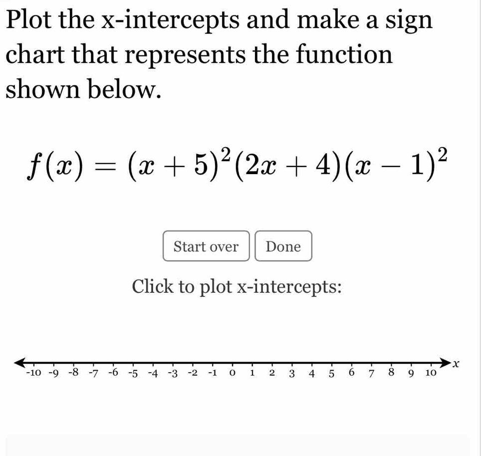 Plot the x-intercepts and make a sign 
chart that represents the function 
shown below.
f(x)=(x+5)^2(2x+4)(x-1)^2
Start over Done 
Click to plot x-intercepts: