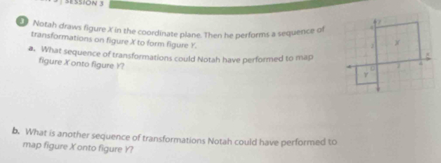 SEŠŠIÓN 3 
Notah draws figure X in the coordinate plane. Then he performs a sequence of 
transformations on figure X to form figure Y. 
a. What sequence of transformations could Notah have performed to map 
figure X onto figure Y? 
b. What is another sequence of transformations Notah could have performed to 
map figure X onto figure Y?