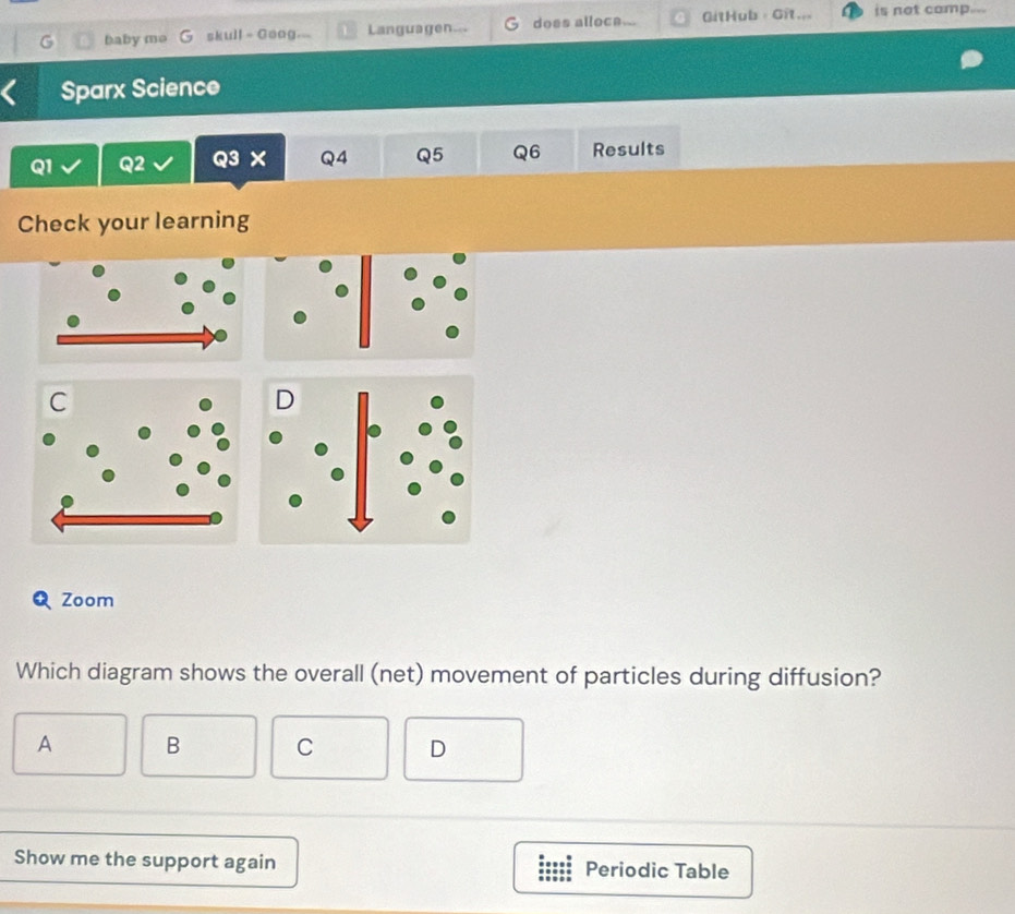 baby mo skull - Goog... 1 Languagen... does alloca... GitHub·Git is not comp...
Sparx Science
Q1 Q2 Q3 × Q4 Q5 Q6 Results
Check your learning
Zoom
Which diagram shows the overall (net) movement of particles during diffusion?
A B C D
Show me the support again Periodic Table