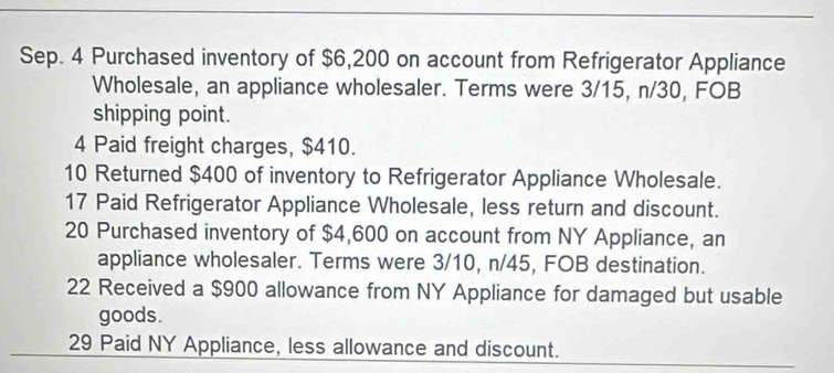 Sep. 4 Purchased inventory of $6,200 on account from Refrigerator Appliance 
Wholesale, an appliance wholesaler. Terms were 3/15, n/30, FOB 
shipping point. 
4 Paid freight charges, $410. 
10 Returned $400 of inventory to Refrigerator Appliance Wholesale. 
17 Paid Refrigerator Appliance Wholesale, less return and discount. 
20 Purchased inventory of $4,600 on account from NY Appliance, an 
appliance wholesaler. Terms were 3/10, n/45, FOB destination. 
22 Received a $900 allowance from NY Appliance for damaged but usable 
goods. 
29 Paid NY Appliance, less allowance and discount.