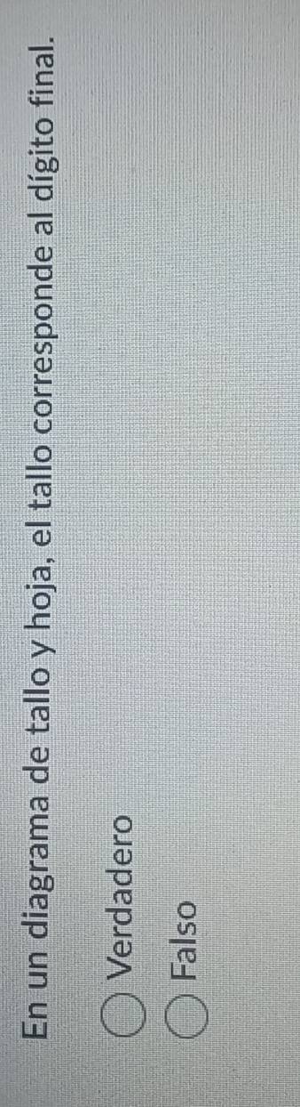 En un diagrama de tallo y hoja, el tallo corresponde al dígito final.
Verdadero
Falso