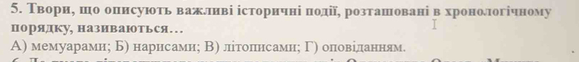 Твориη шо описують важливі історичніί події, розташовані в хронологічному 
порядку, називаюТься… 
Α) мемуарамиη Б) нарнсами; Β) літоπннсамнη Γη оπновіедπаненням.