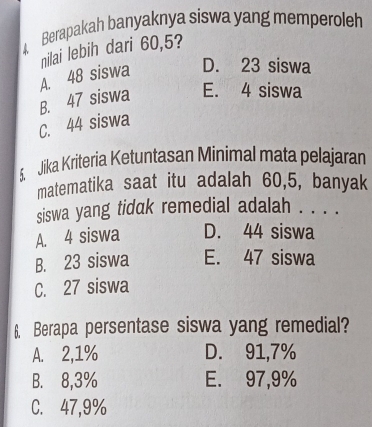 Berapakah banyaknya siswa yang memperoleh
nilai lebih dari 60,5?
A. 48 siswa D. 23 siswa
B. 47 siswa E. 4 siswa
C. 44 siswa
5, Jika Kriteria Ketuntasan Minimal mata pelajaran
matematika saat itu adalah 60, 5, banyak
siswa yang tidak remedial adalah . . . .
A. 4 siswa D. 44 siswa
B. 23 siswa E. 47 siswa
C. 27 siswa
6. Berapa persentase siswa yang remedial?
A. 2,1% D. 91,7%
B. 8,3% E. 97,9%
C. 47,9%