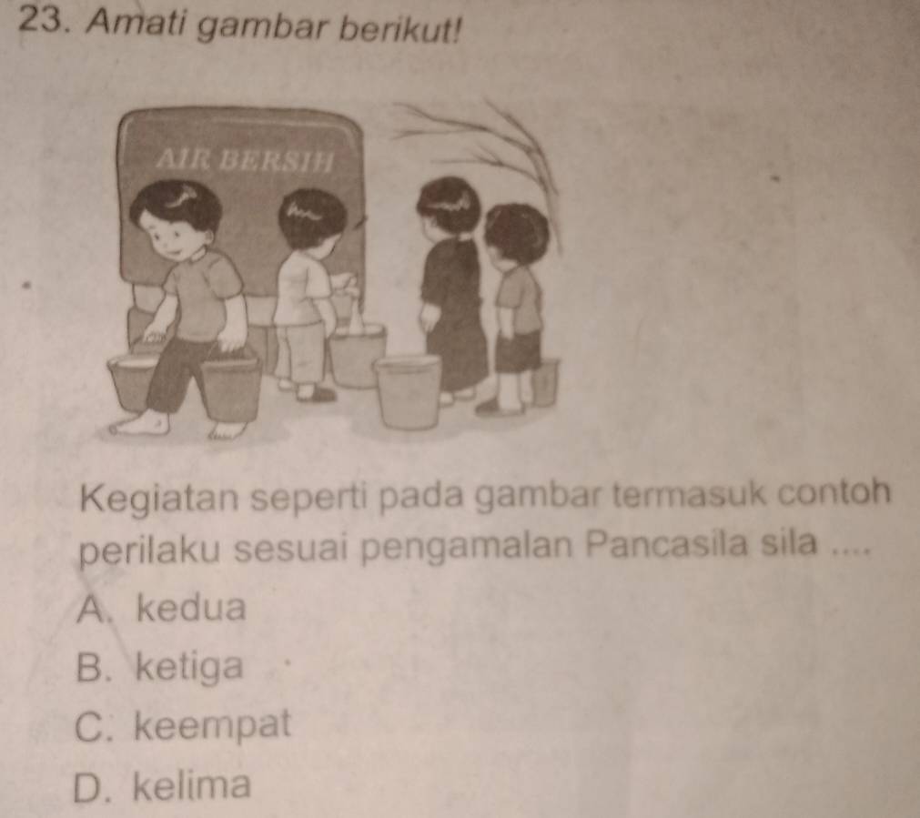 Amati gambar berikut!
Kegiatan seperti pada gambar termasuk contoh
perilaku sesuai pengamalan Pancasila sila ....
A. kedua
B. ketiga
C. keempat
D. kelima