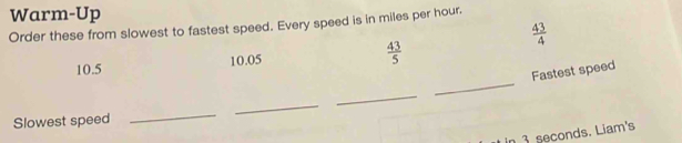 Warm-Up 
Order these from slowest to fastest speed. Every speed is in miles per hour.
 43/4 
_
10.5 10.05  43/5 
Fastest speed 
Slowest speed 
_ 
_ 
_ 
in 3 seconds. Liam's